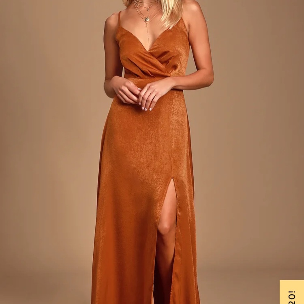 Lulu’s Constantine Rust Orange Satin Maxi Dress
